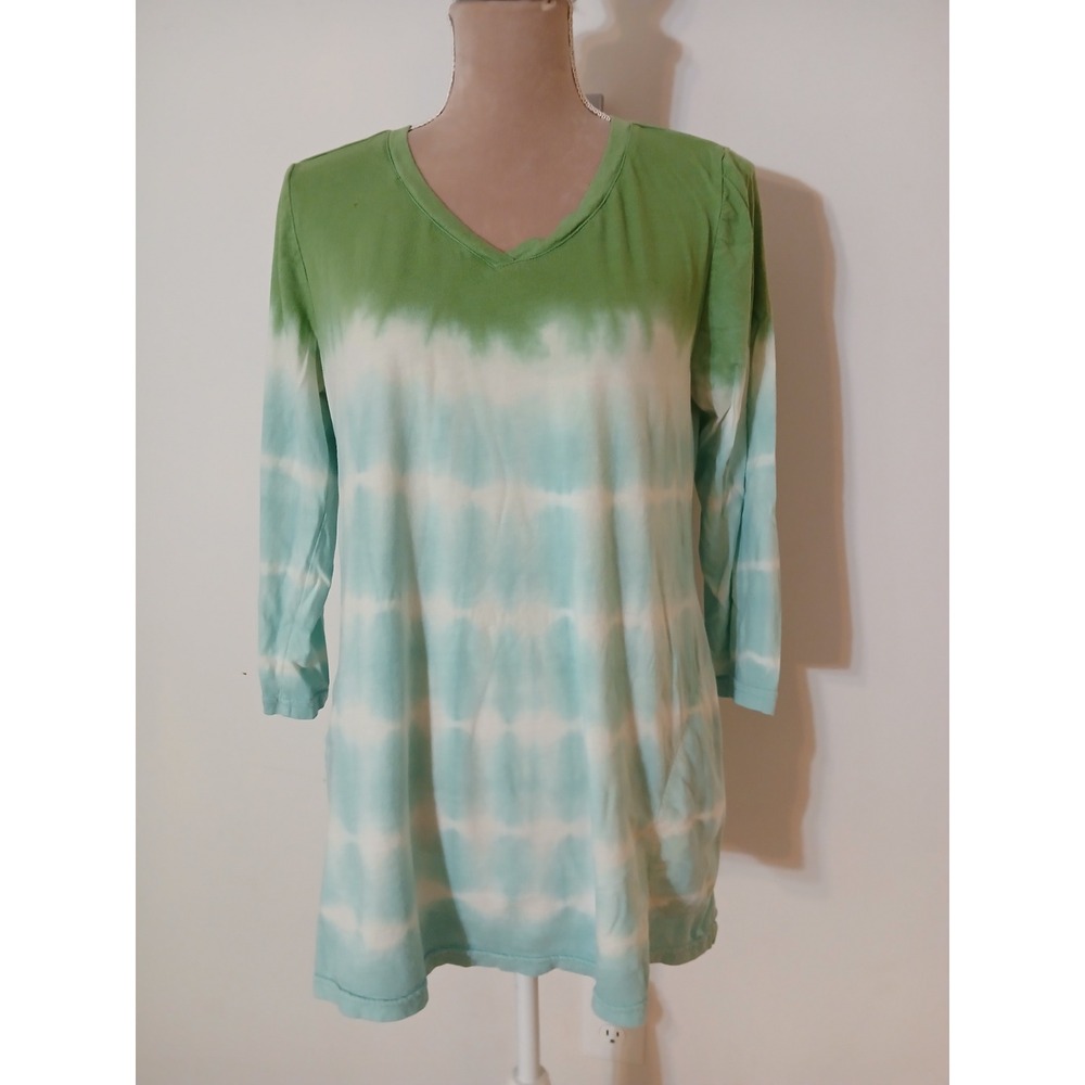 LOGO Goldstein Lori Green Blue Tie Dye V-Neck Tunic Top Pockets Women Medium